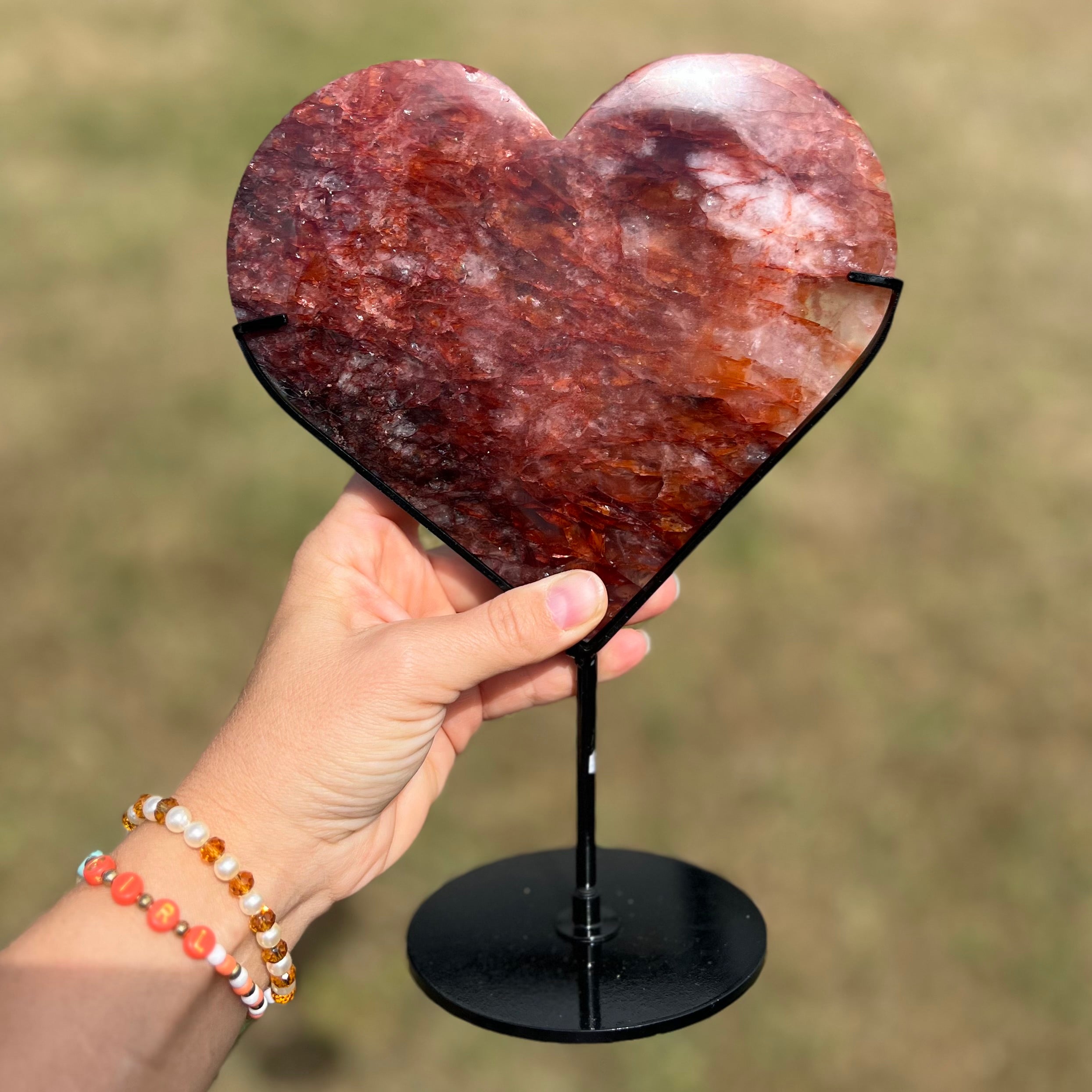 Large Fire Quartz Heart ~ on stand ~ 2