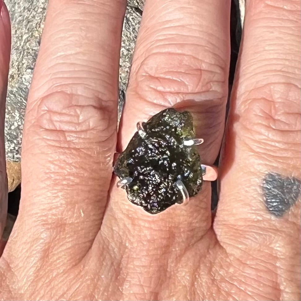 Raw Moldavite Ring set in Sterling Silver ~ adjustable size