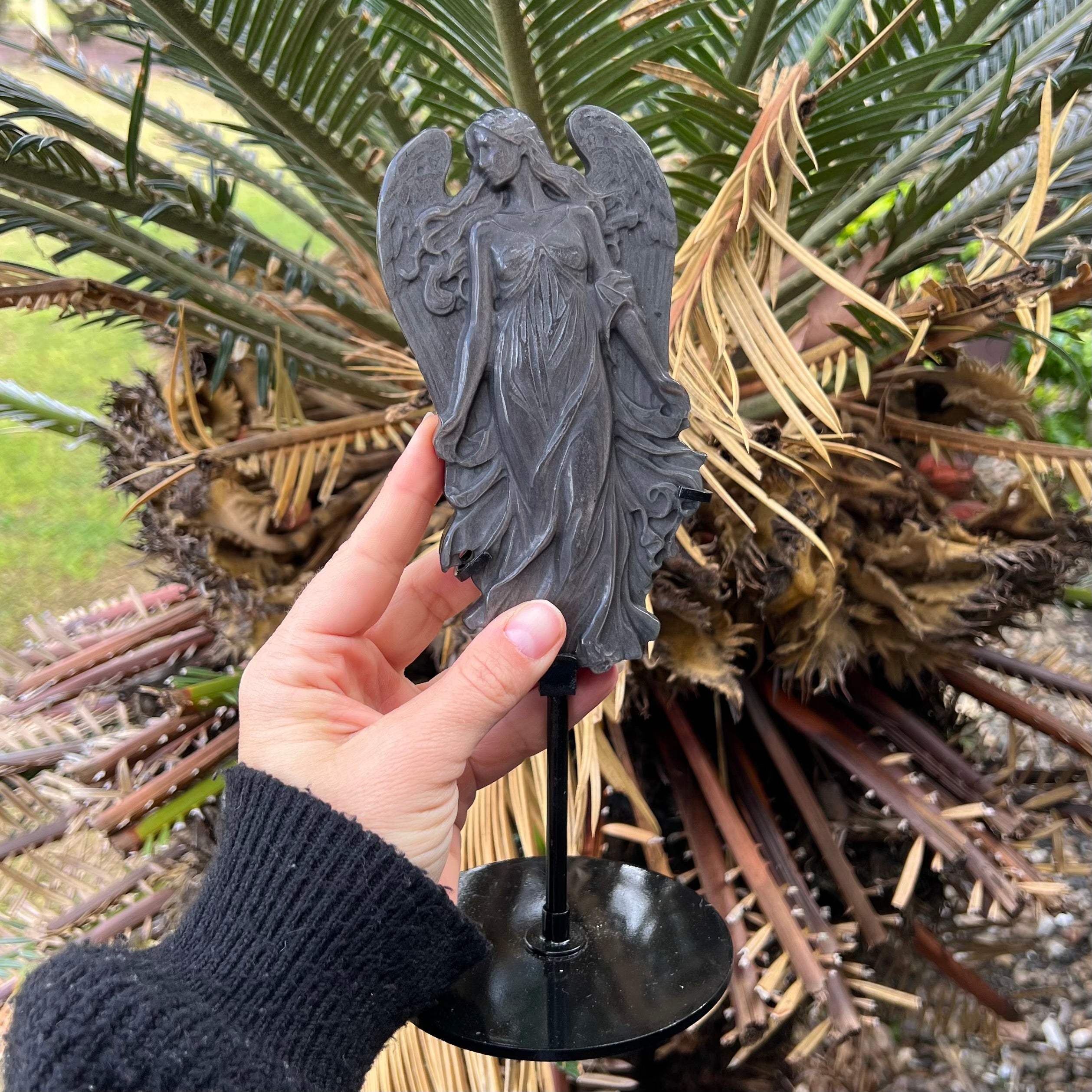 Silver Sheen Obsidian Angel Carving On Stand