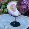 Pink Agate Crescent Moon Carving with Geode - Dyed Agate