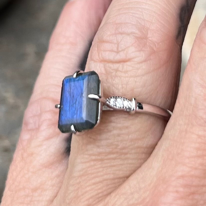Labradorite with Topaz ~ Sterling Silver Ring ~ Size 6