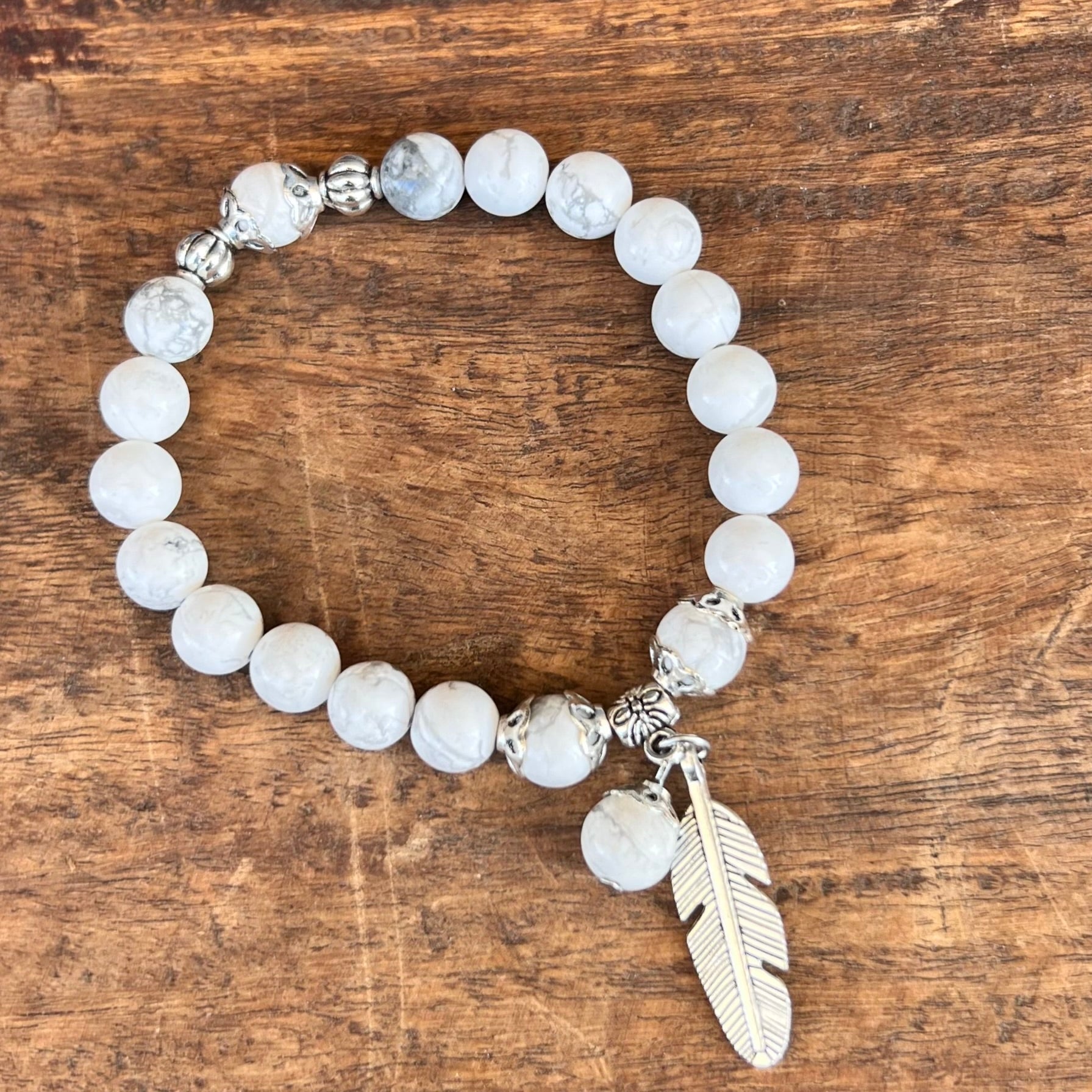 White Howlite Calming Bracelet with Feather Charm