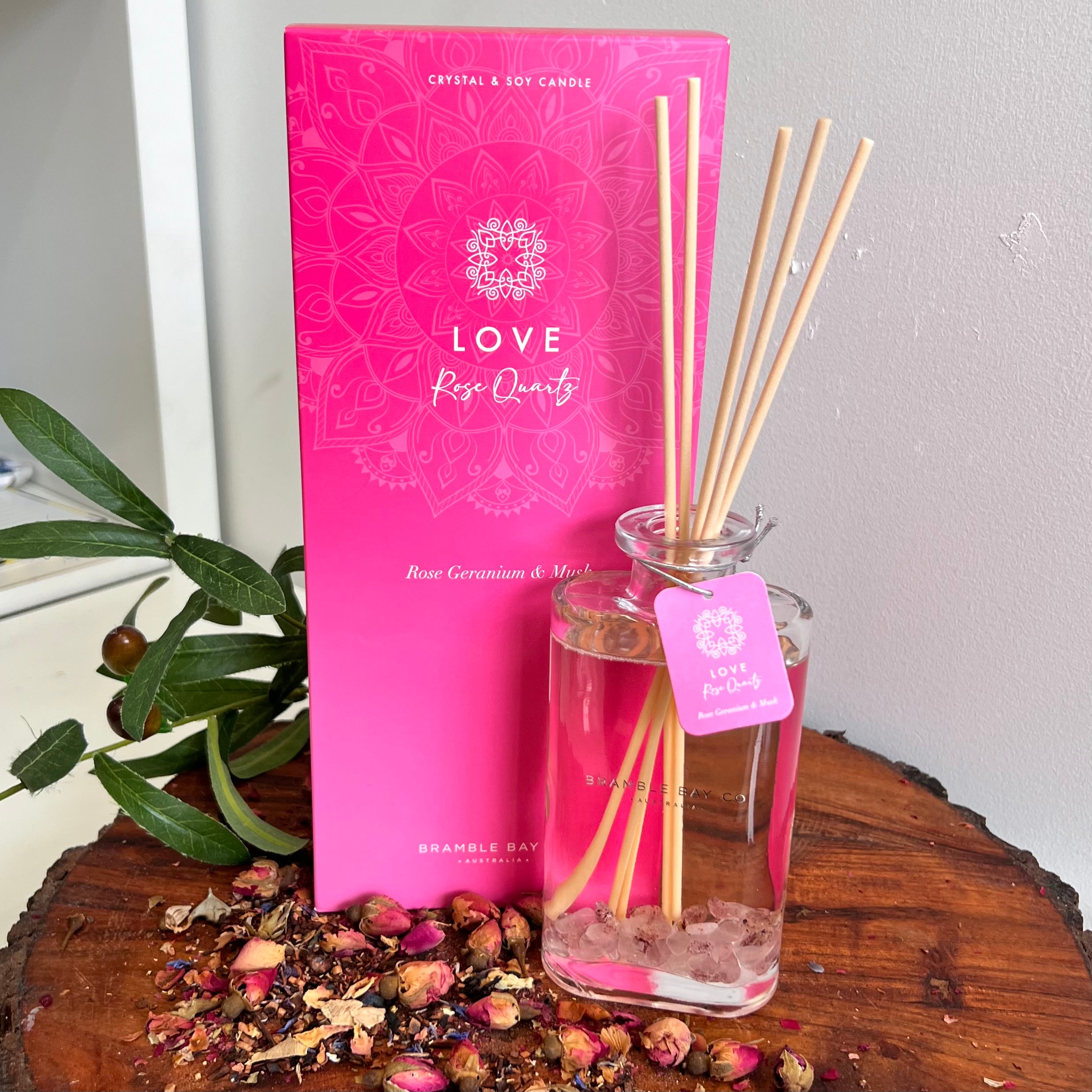 Boho Crystal Love Reed Diffuser ~ Rose Quartz ~ 
Rose Geranium & Musk