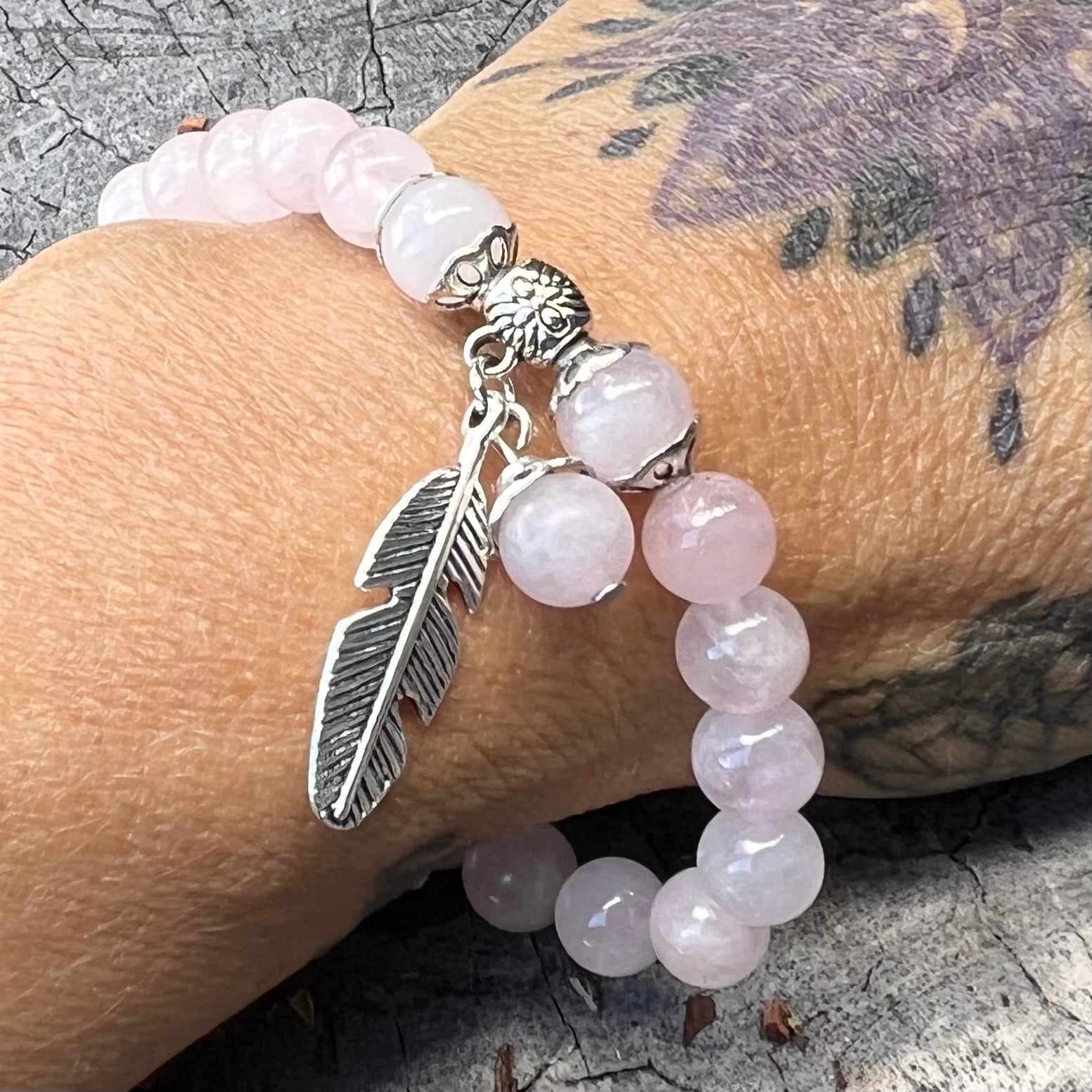 Rose Quartz Unconditional Love Bracelet with Feather Charm