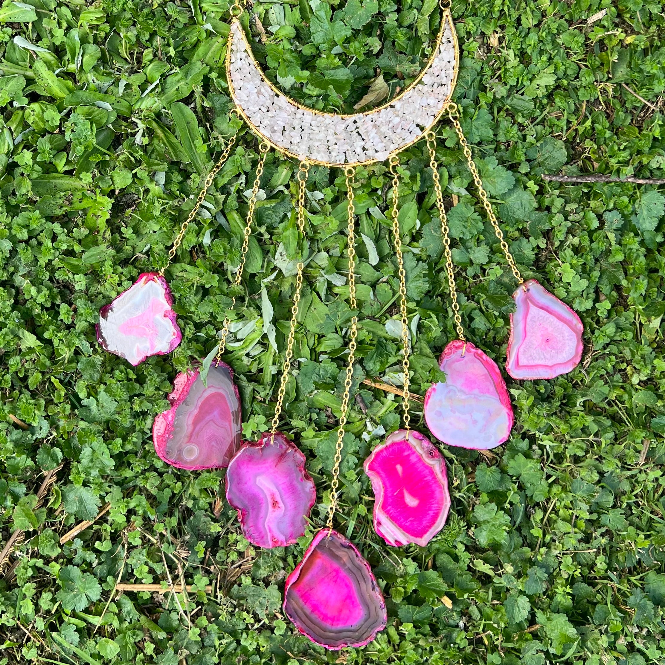 Rose Quartz ~ Dyed Agate ~ Moon Hanger ~ Gold