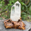 Clear Quartz Semi Raw Generator Point on wooden stand