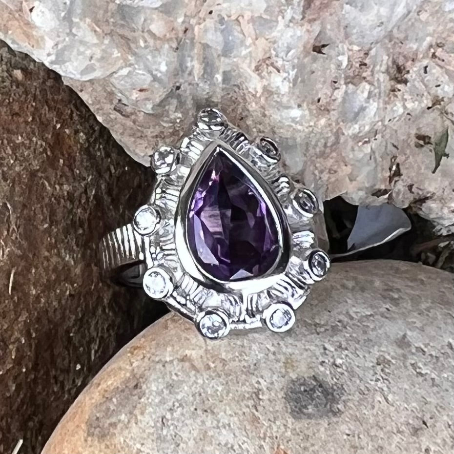 Amethyst & White Topaz Sterling Silver Ring ~ 10