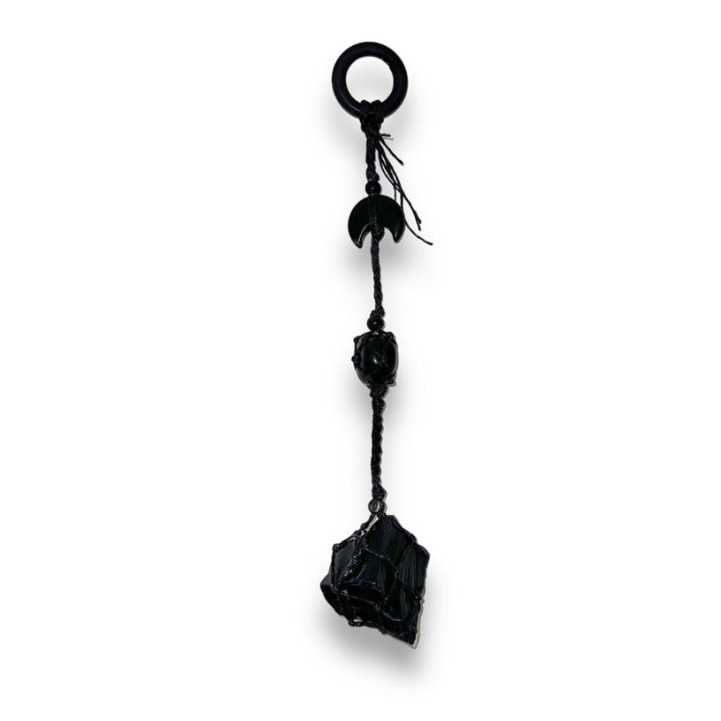 Triple Black Obsidian Macrame Crystal Hanger