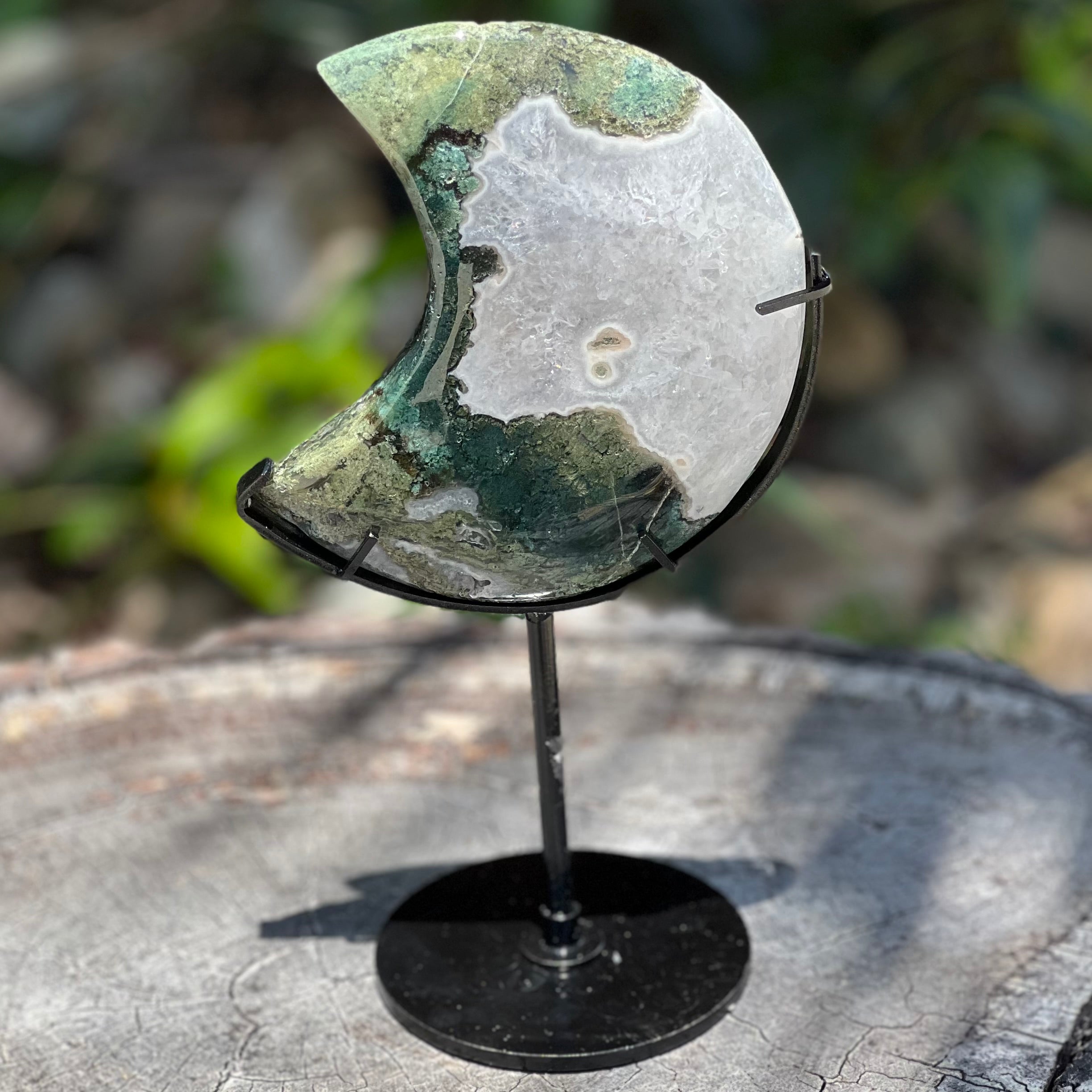 Moss Agate Crescent Moon on Stand