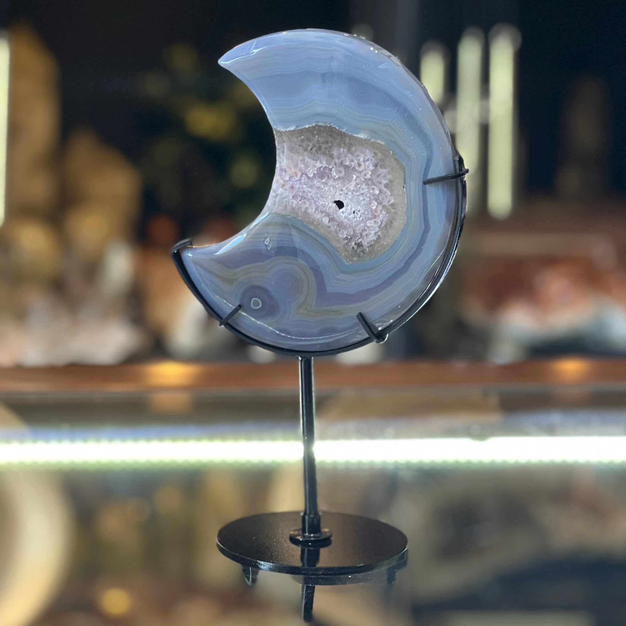 Agate ~ Amethyst Crescent Moon on Stand