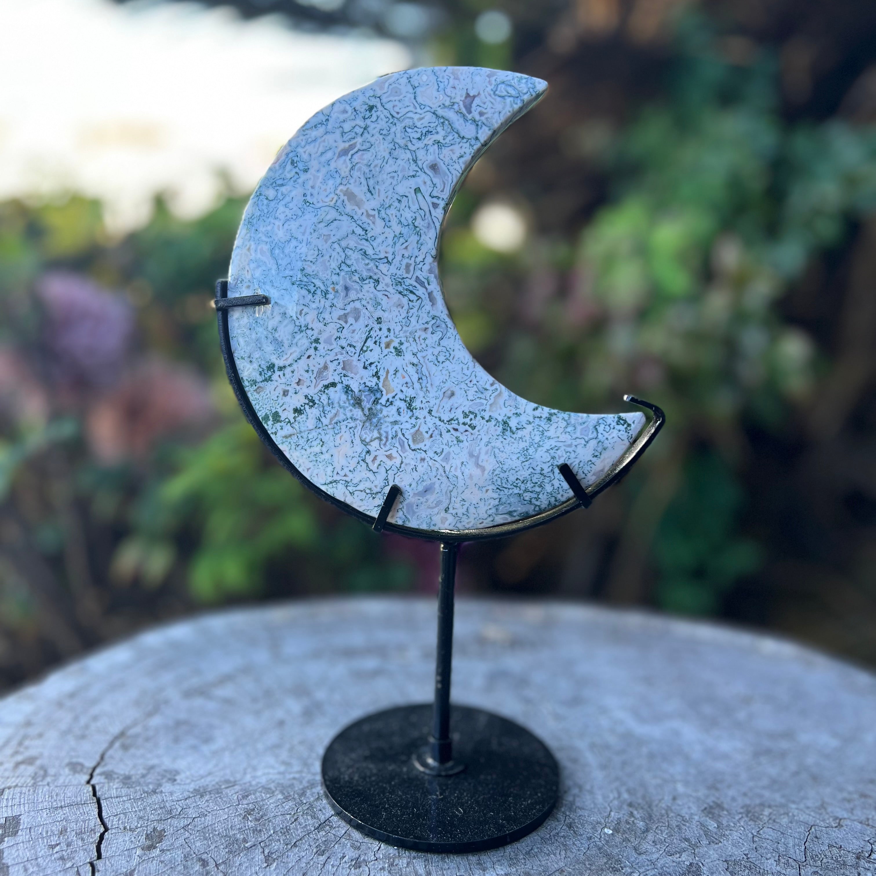 Moss Agate Crescent Moon Carving