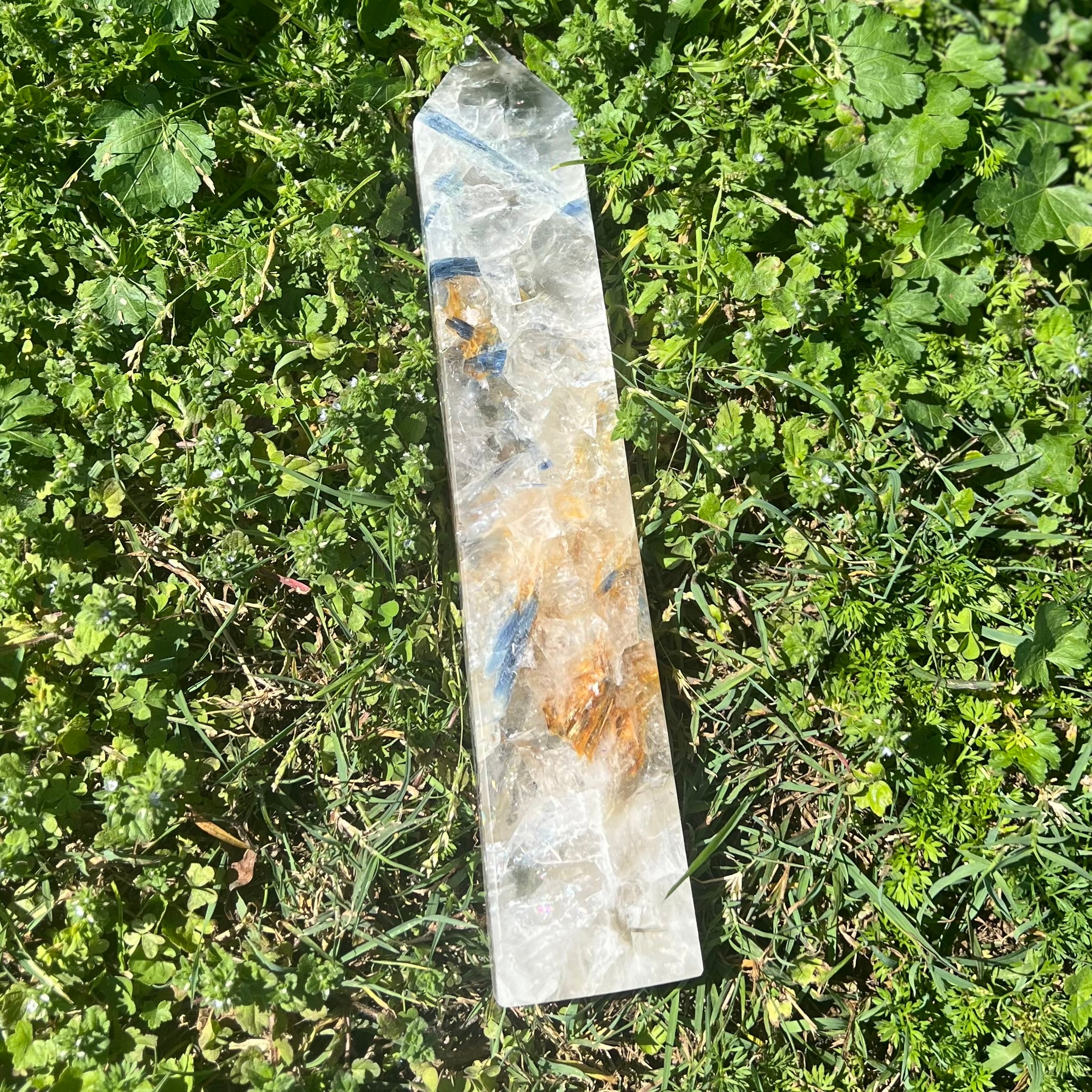 Blue Kyanite in Quartz Tower with Golden Healer