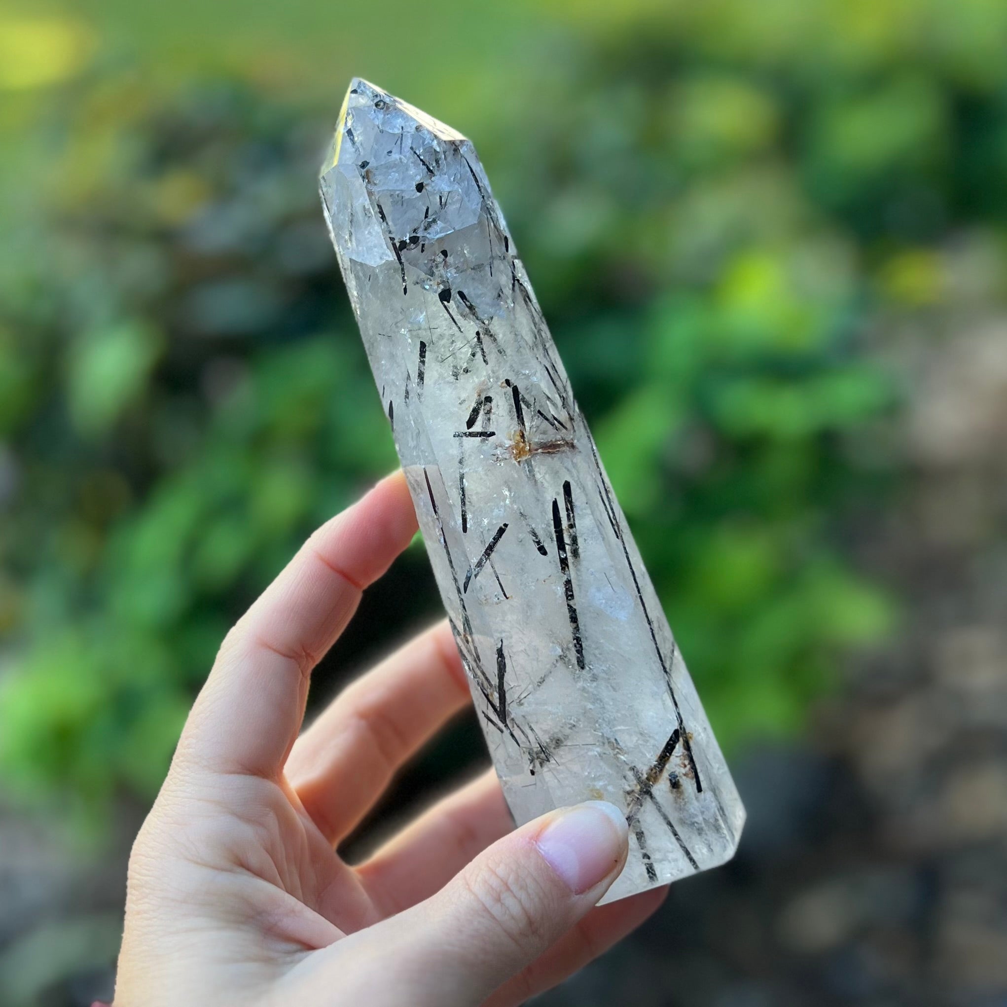 Black Tourmaline in Clear Protective Generator Quartz Tower