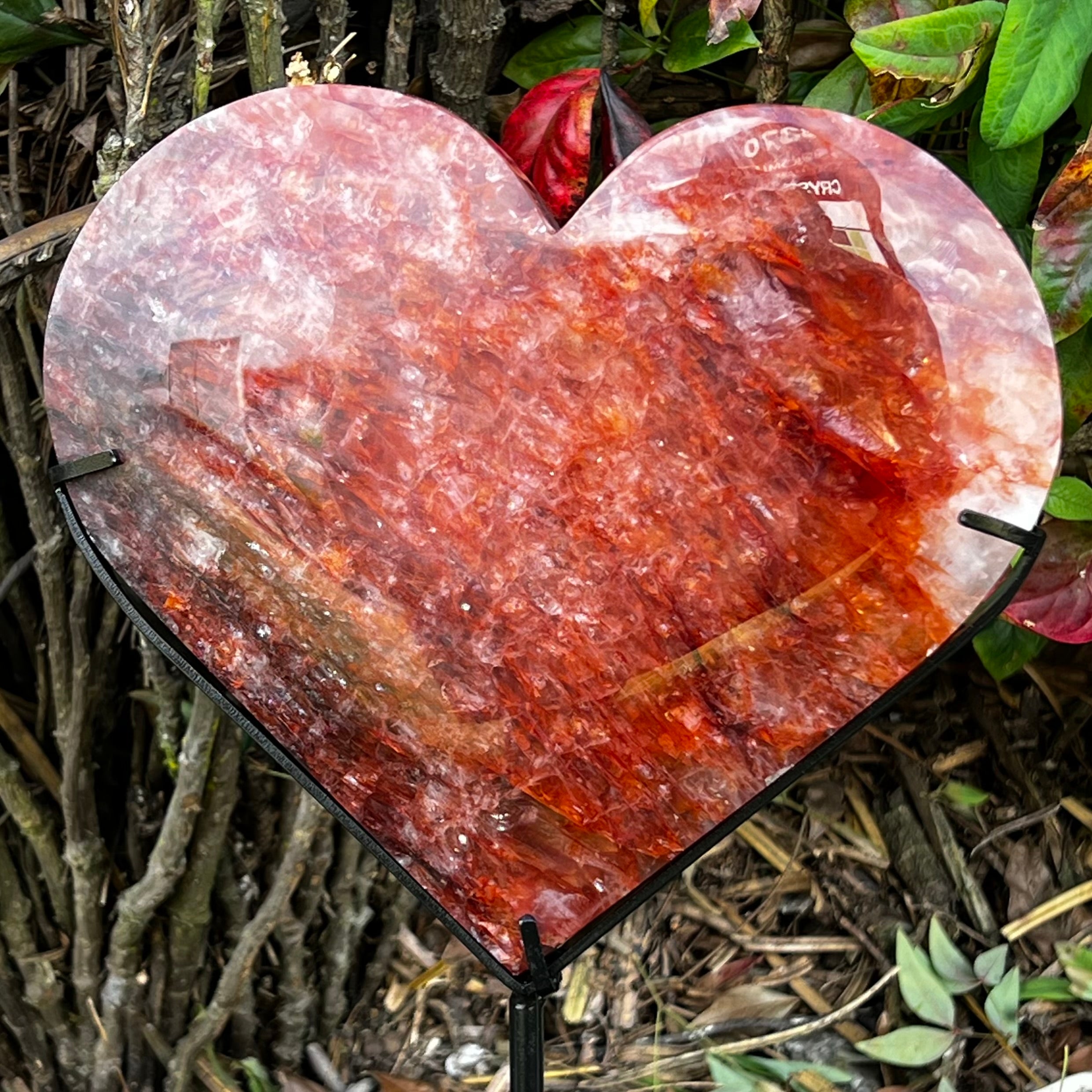 Large Fire Quartz Heart ~ on stand ~ 1