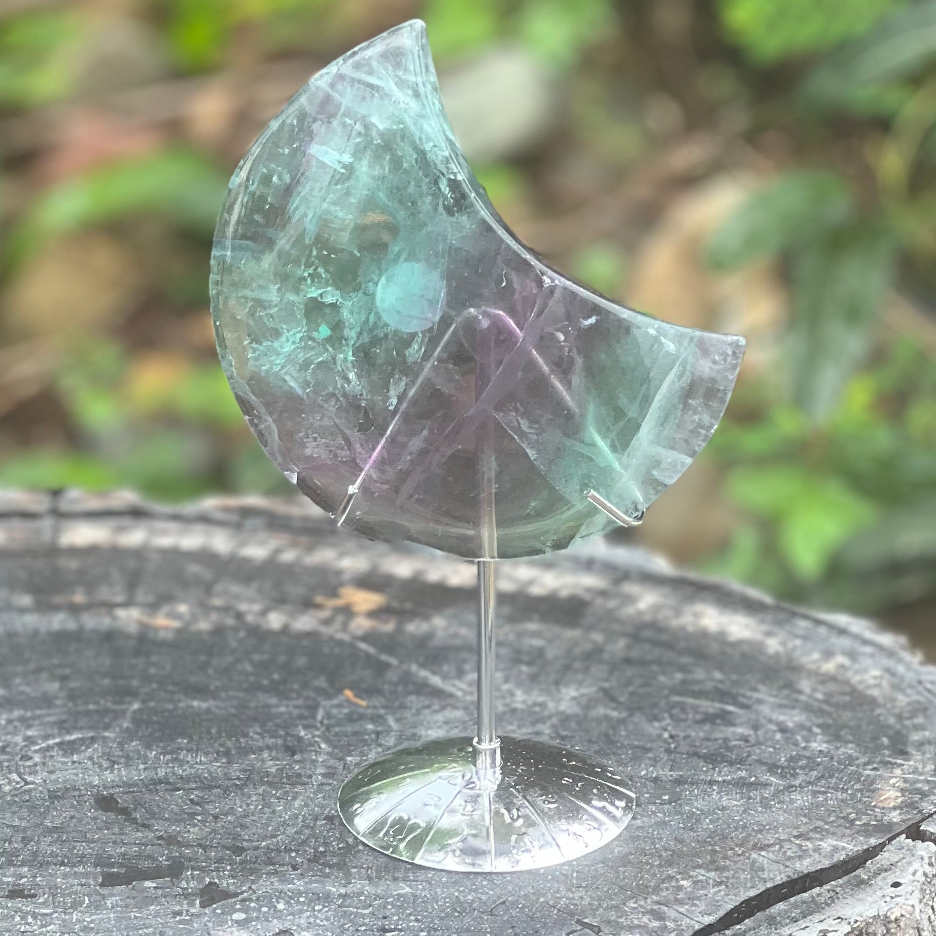 Rainbow Fluorite Crescent Moon on Stand