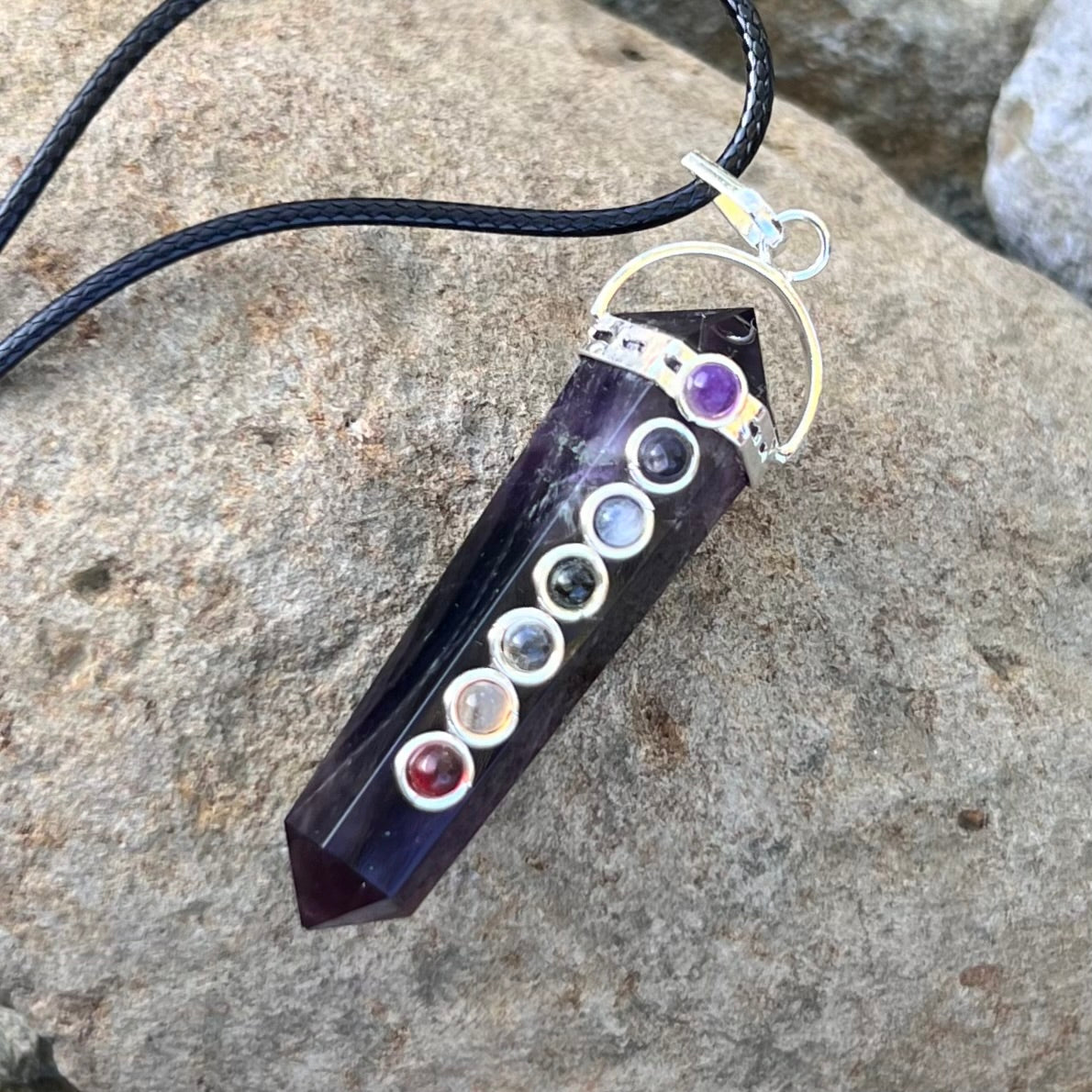 Amethyst & Chakra Long Pencil Double Pointed Crystal Necklace