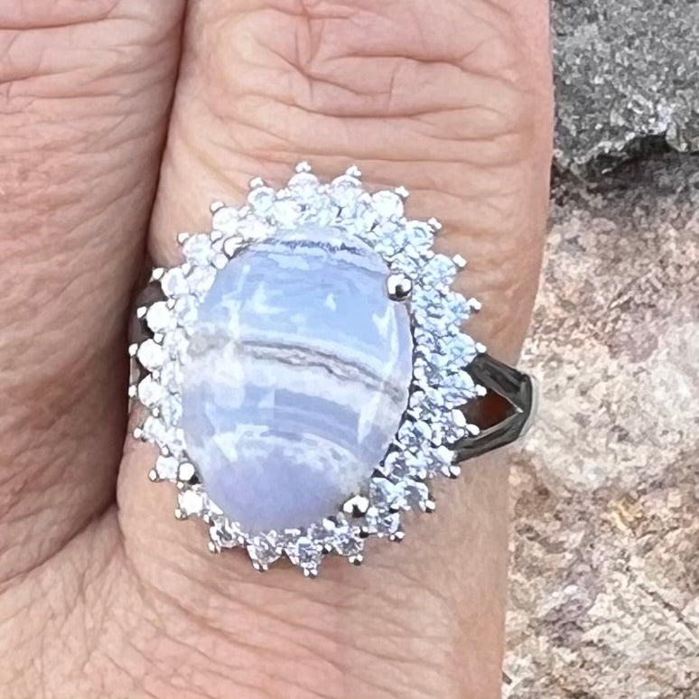 Blue Laced Agate with Moissonite in Sterling Silver Ring ~ size 8