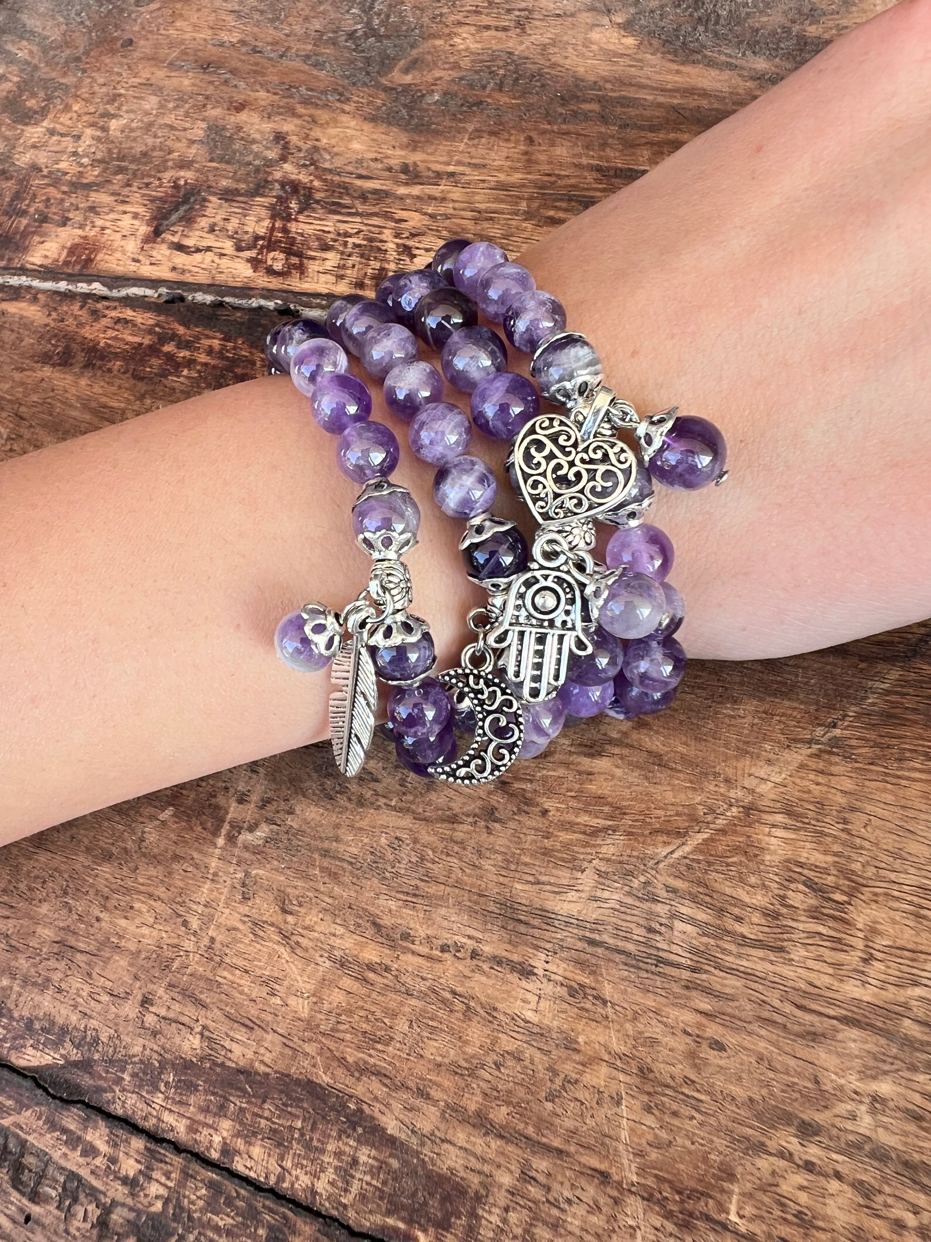 Amethyst Healer Bracelet with Celestial Crescent Moon Charm