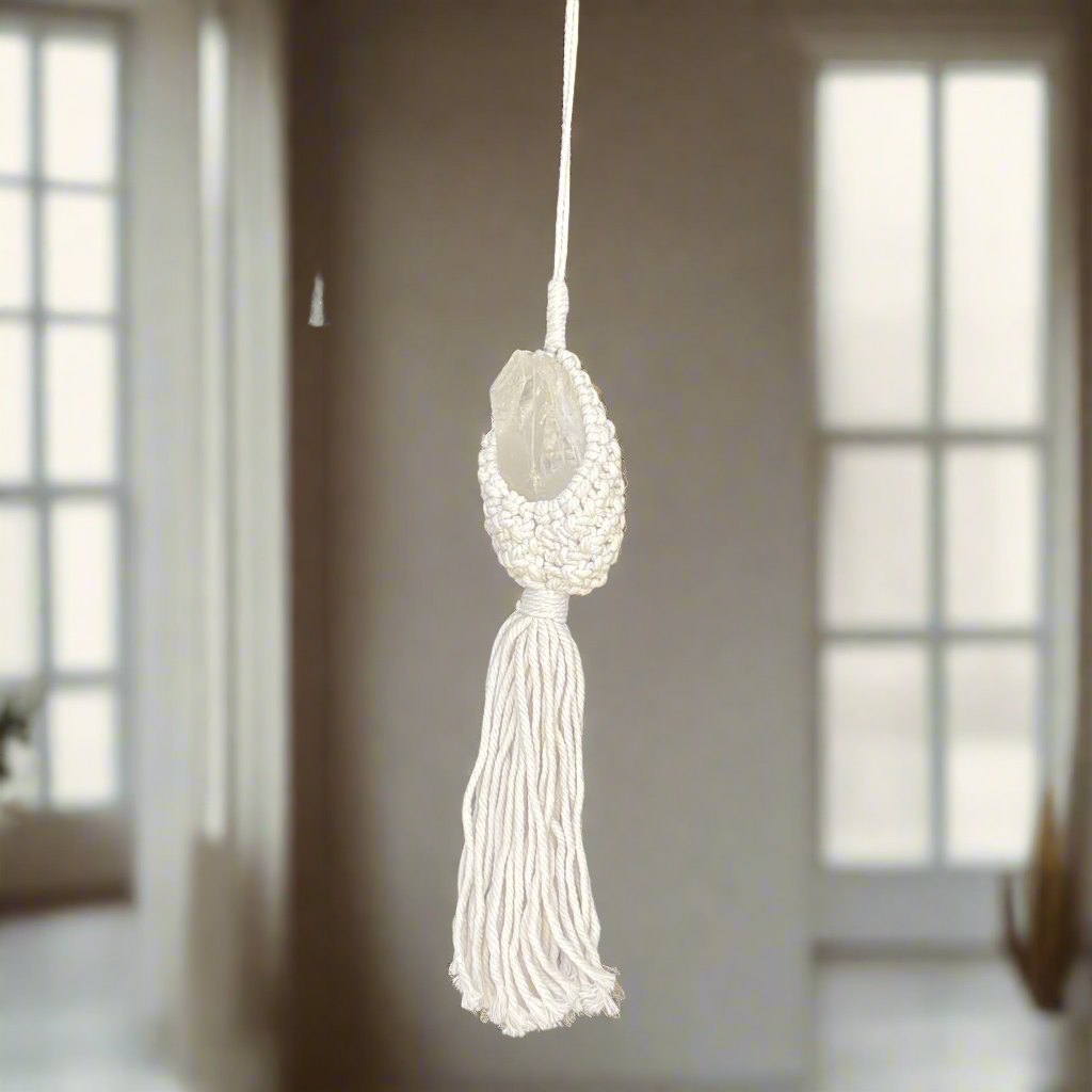 Tantric Twin Clear Quartz Macrame Crystal Huggy Hanger