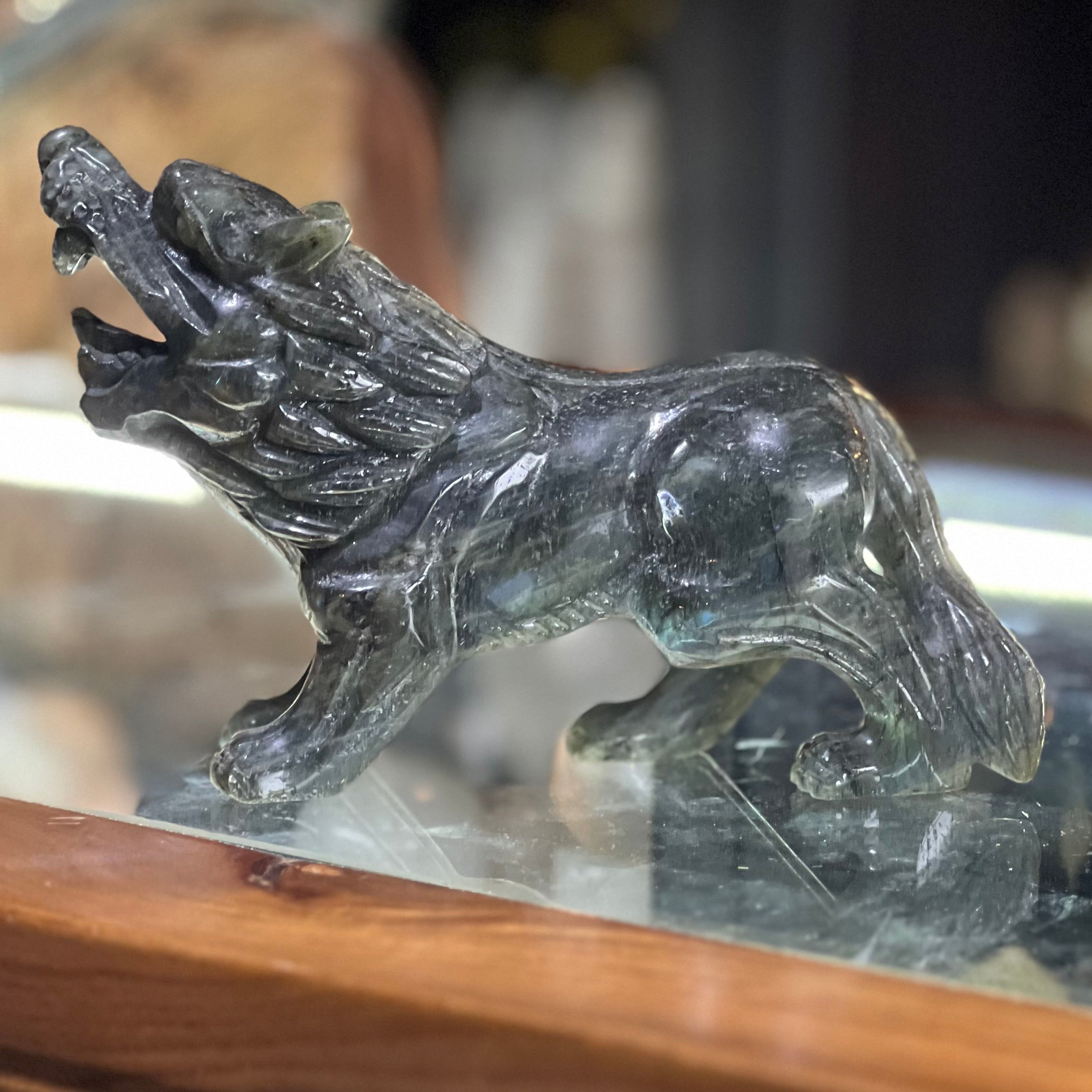 Labradorite Growling Wolf Carving