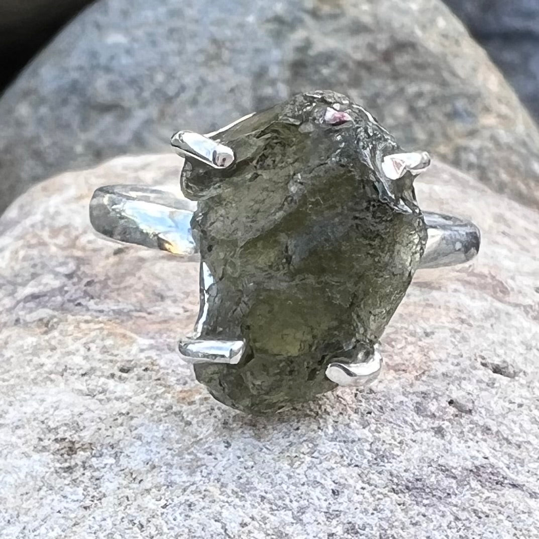 Raw Moldavite Ring set in Sterling Silver ~ size 7