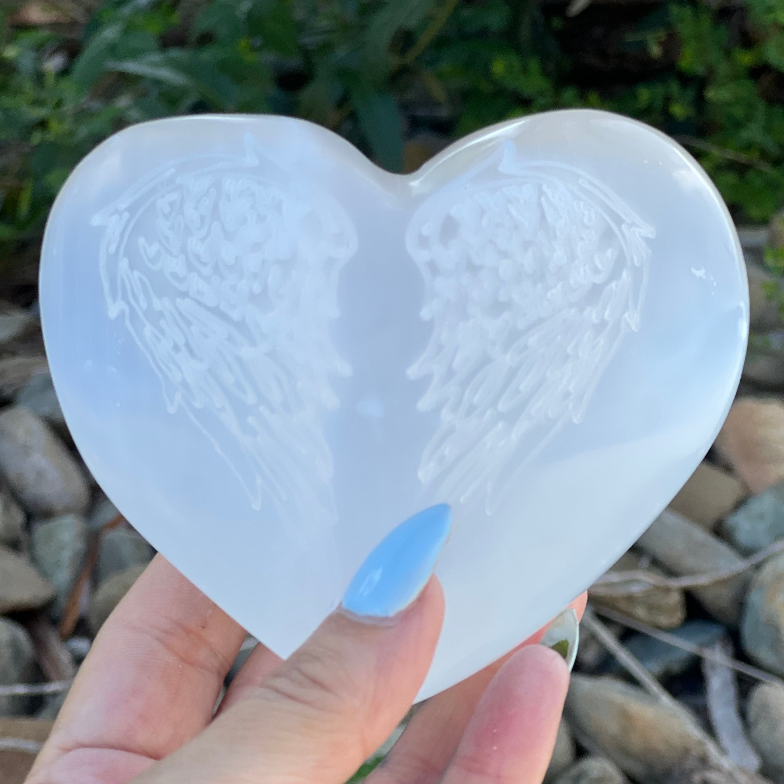 Selenite Angel Wings Heart Carving ~ Large