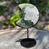 Moss Agate Crescent Moon on Stand