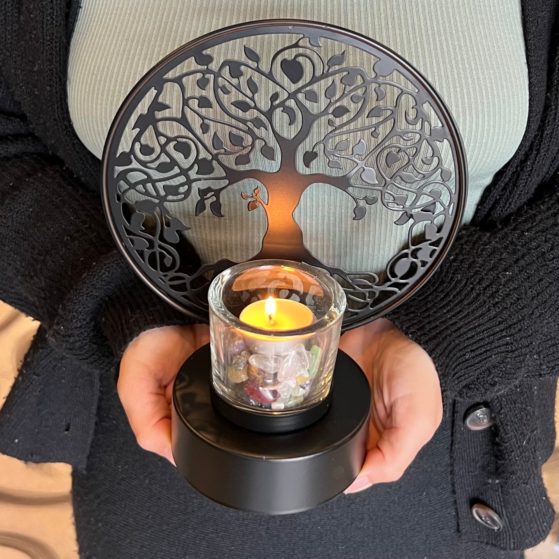 Serenity Tree Candle  with FREE bag of crystals
