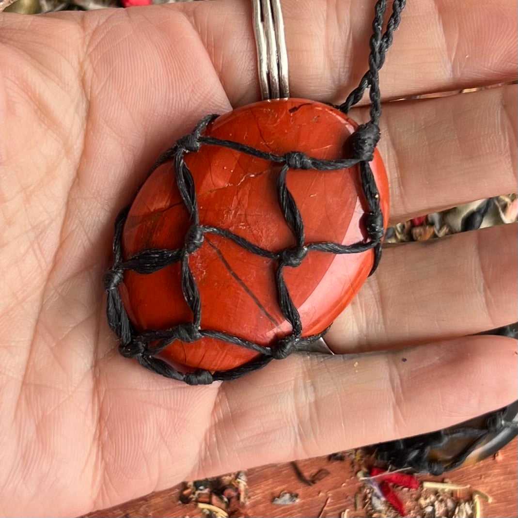 Waxed Cord Macrame Crystal Cage Necklace ~ Black