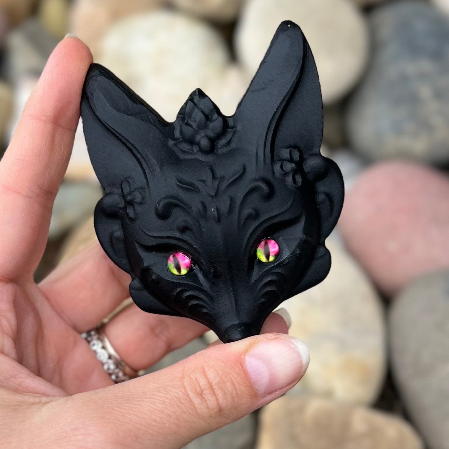 Mystic Obsidian Fox Head ~ Pink Eyes