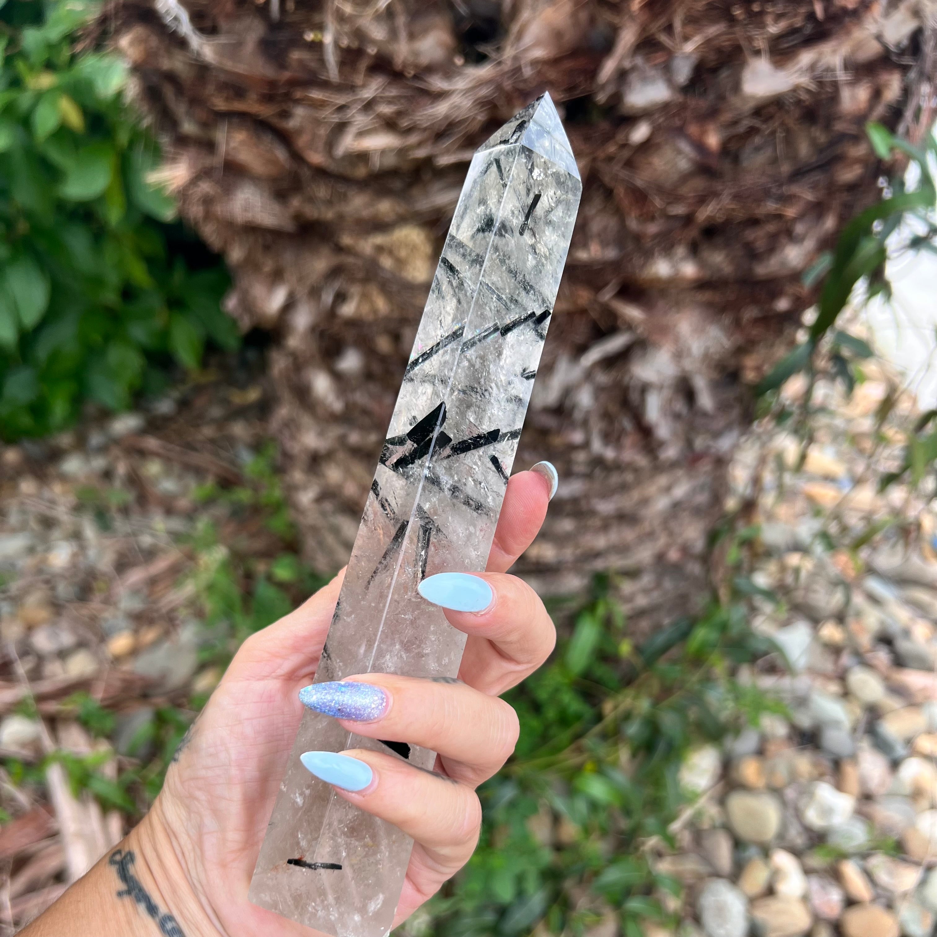 Black Tourmaline in Clear Protective Generator Quartz Tower