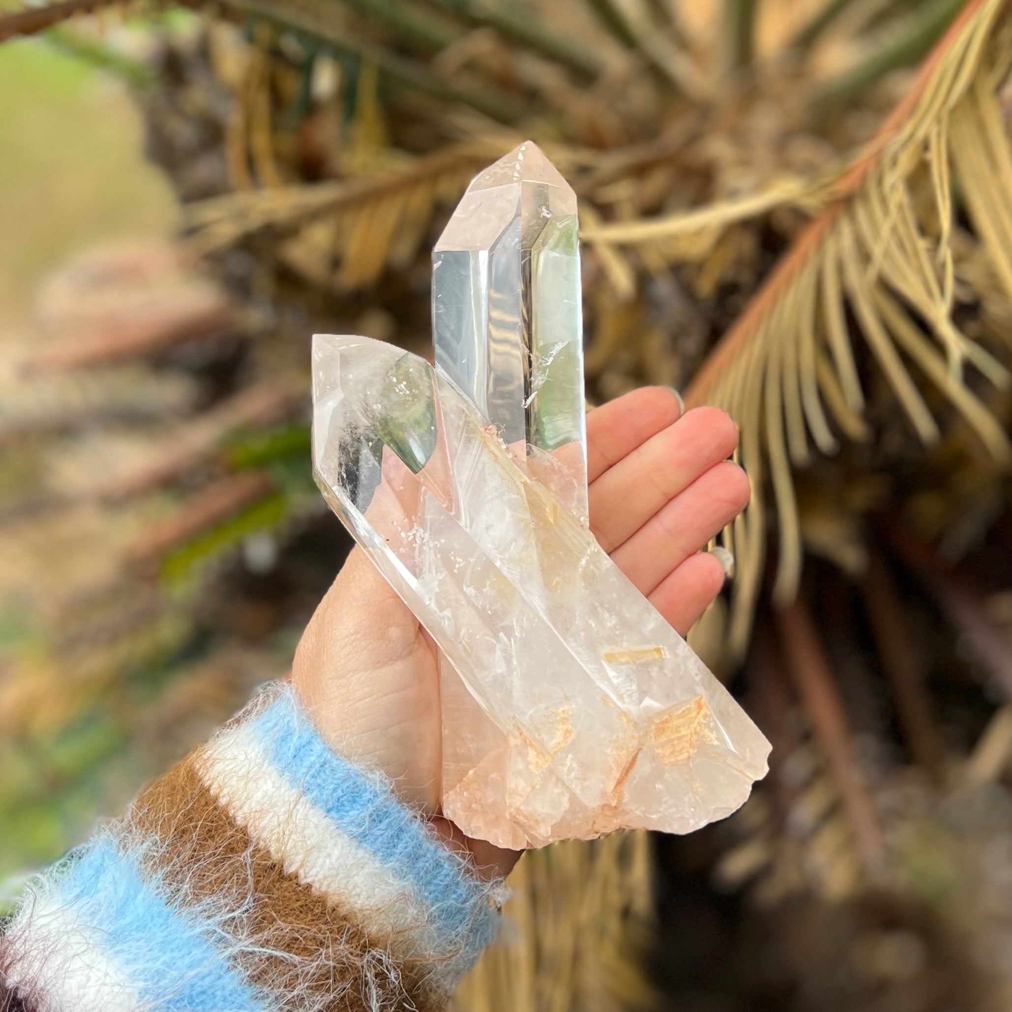 Clear Quartz Double Generator Point on wooden stand