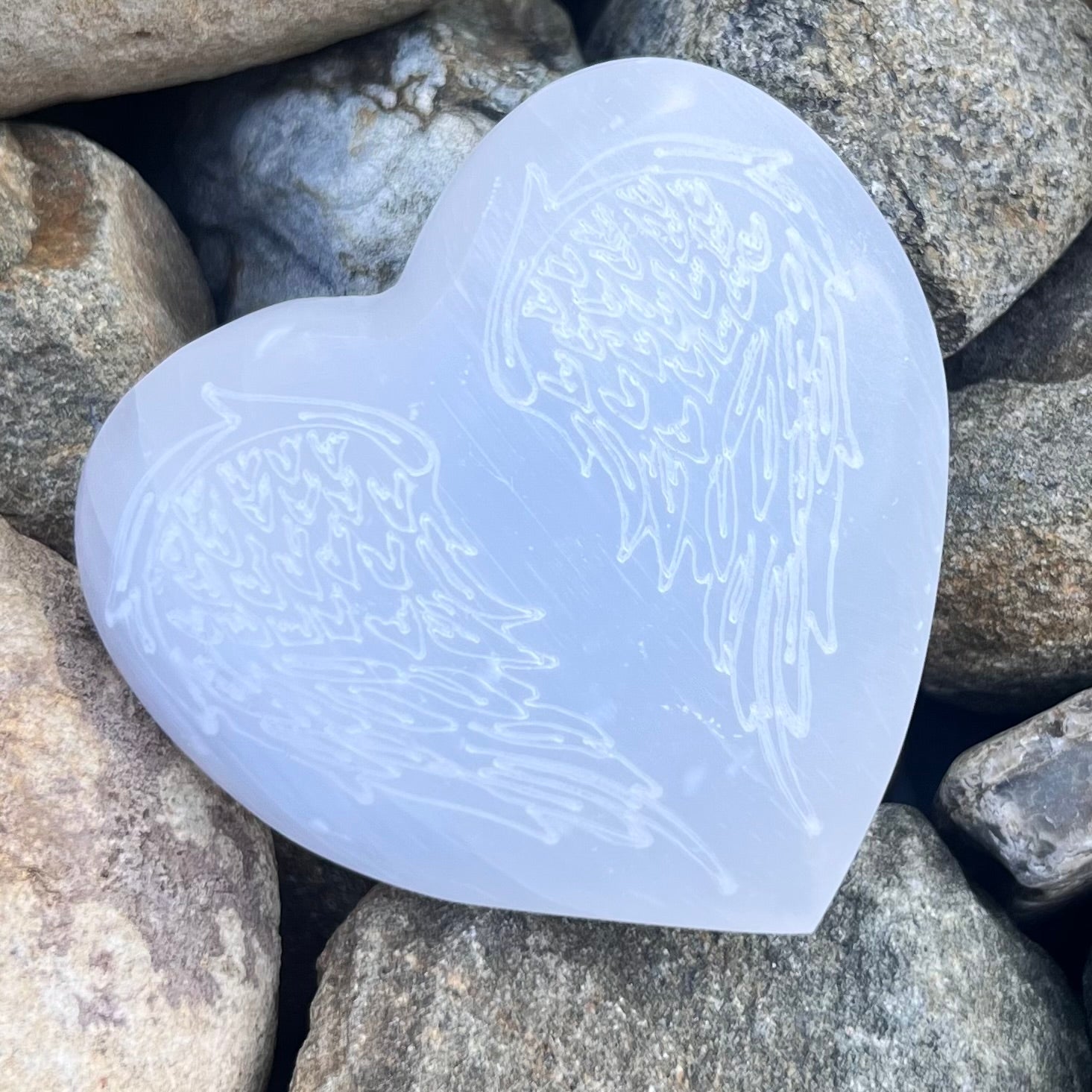 Selenite Angel Wings Heart Carving ~ Large