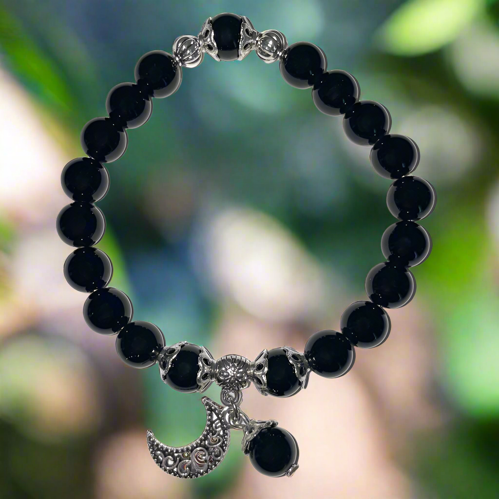 Black Obsidian Bracelet with Celestial Crescent Moon Charm