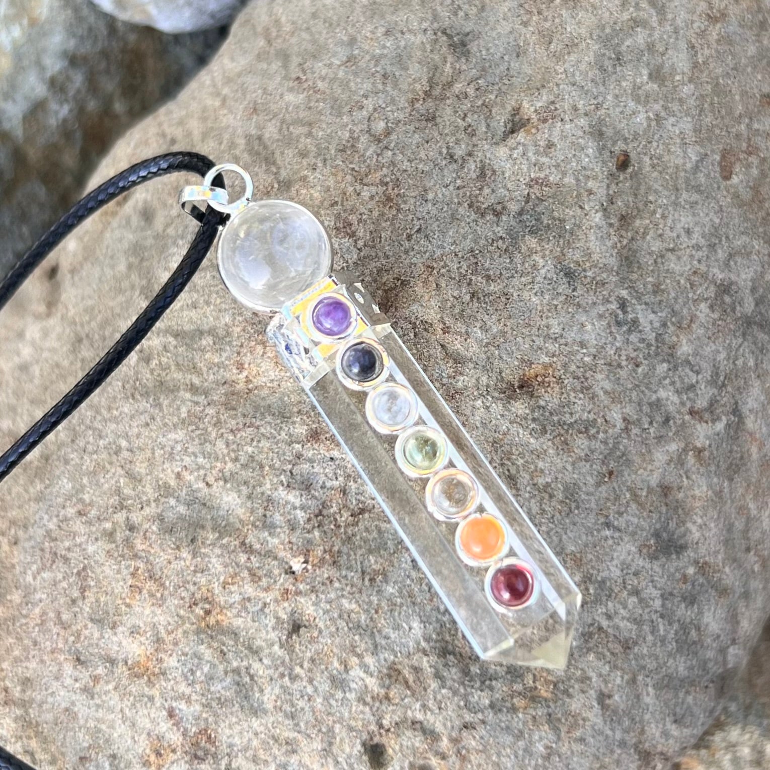 Clear Quartz & Chakra Pencil Generator Crystal Necklace