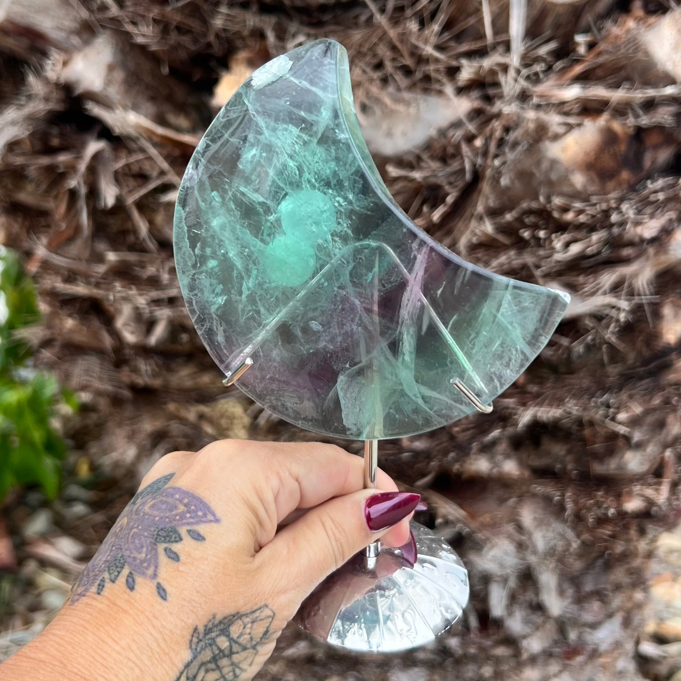 Rainbow Fluorite Crescent Moon on Stand