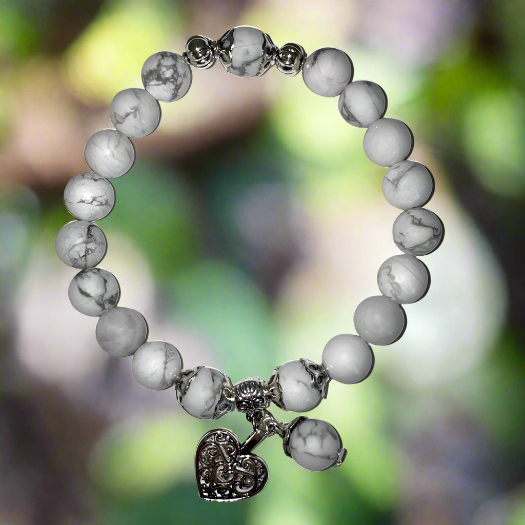 White Howlite Calming Bracelet with Heart Charm