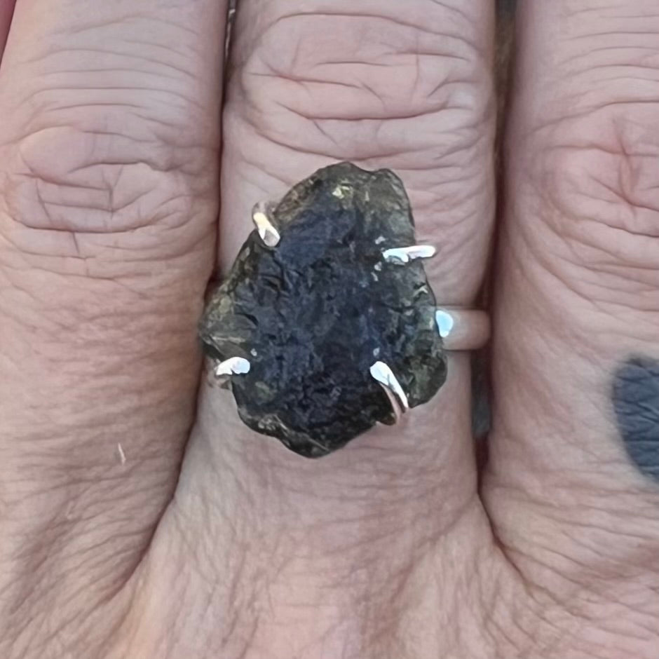 Raw Moldavite Ring set in Sterling Silver ~ adjustable size