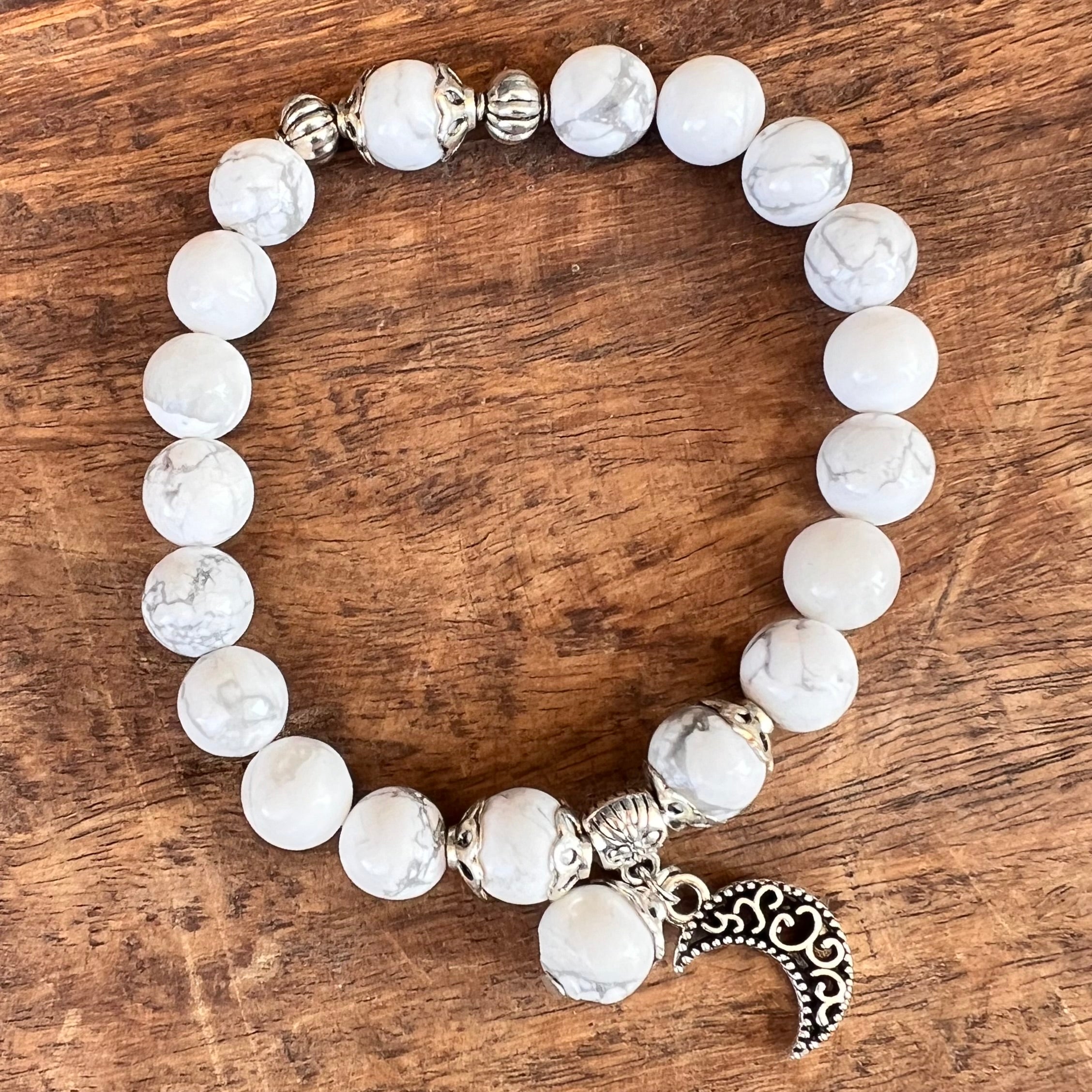 White Howlite Calming Bracelet with Celestial Crescent Moon Charm