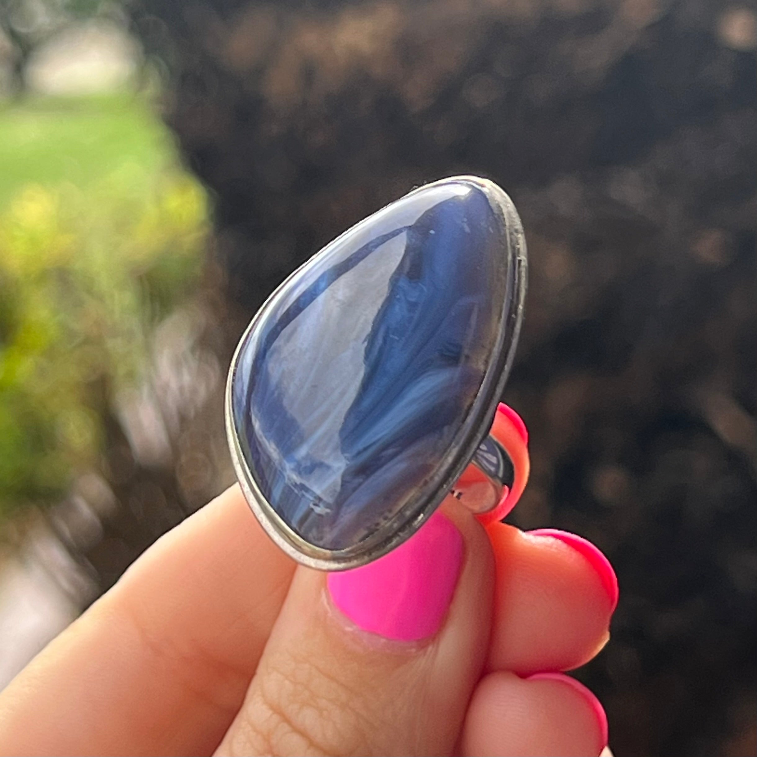 Blue Agate Sterling Silver Ring ~ 9