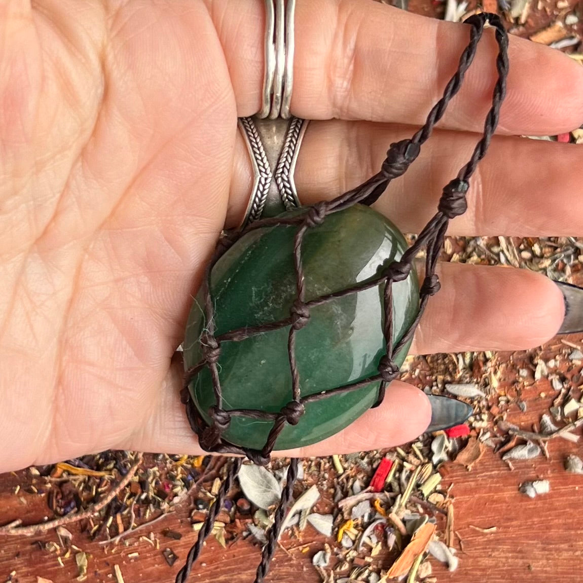 Waxed Cord Macrame Crystal Cage Necklace ~ Dark Brown