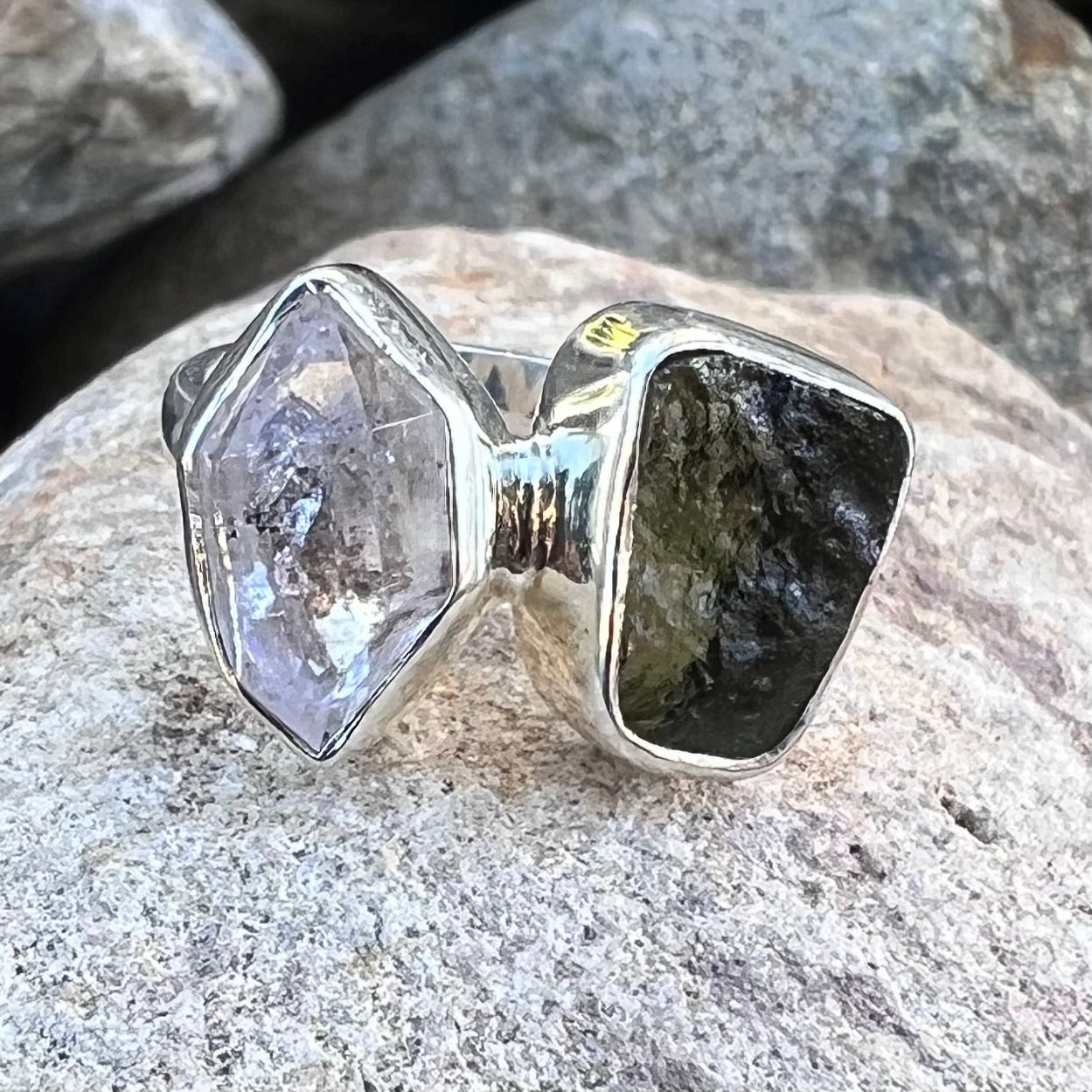 Raw Moldavite and Herkimer Diamond Ring set in Sterling Silver ~ size 7