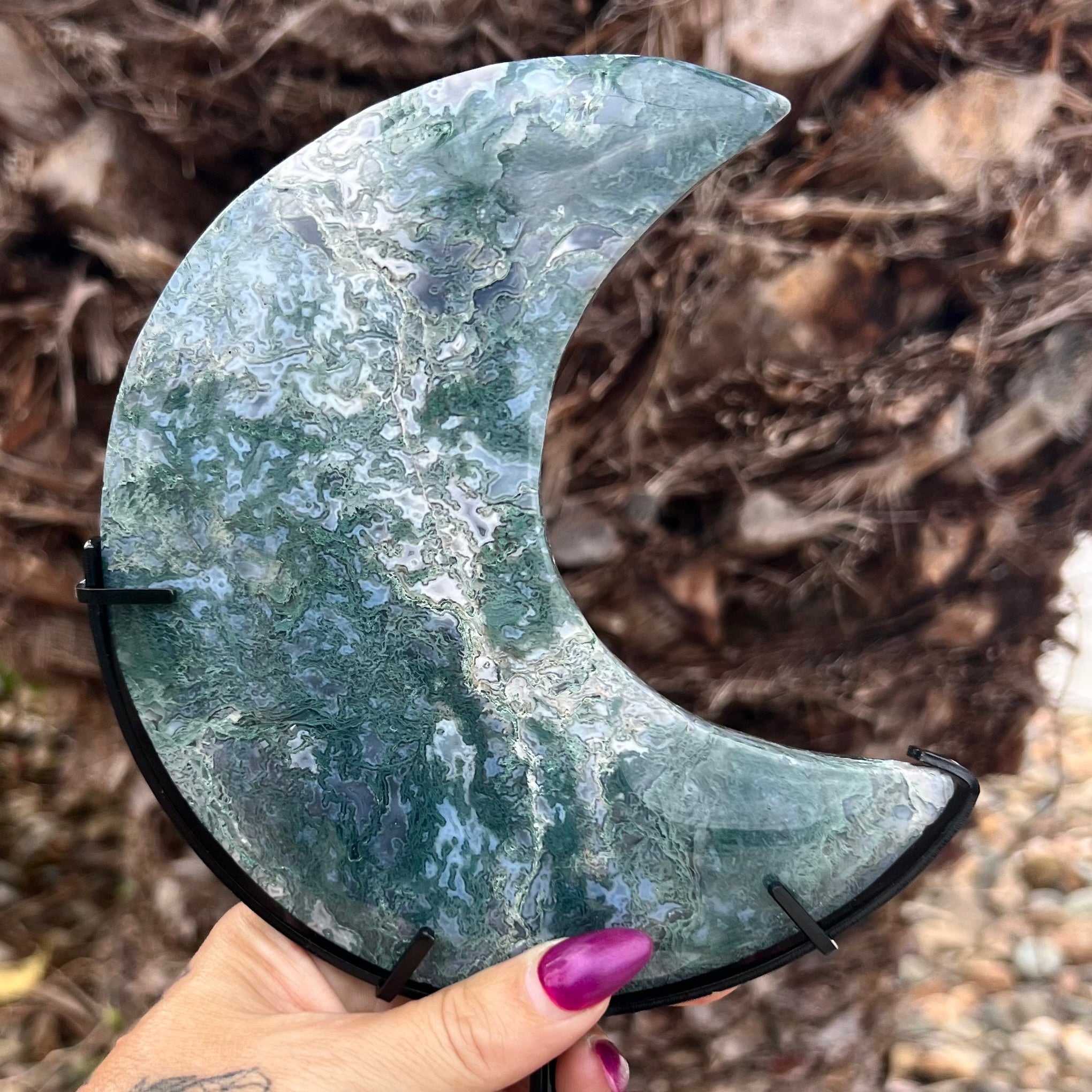 Moss Agate Crescent Moon Carving