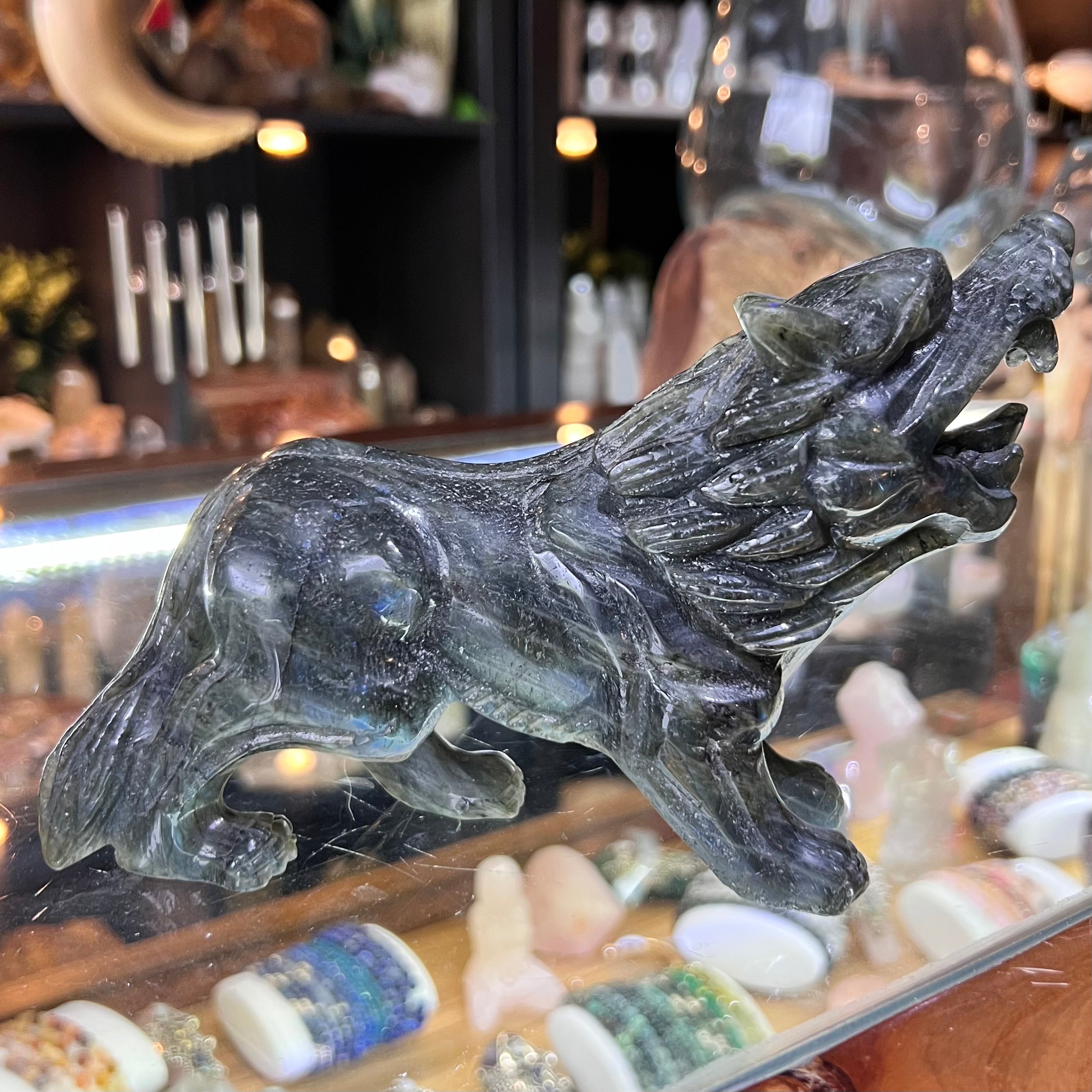 Labradorite Growling Wolf Carving