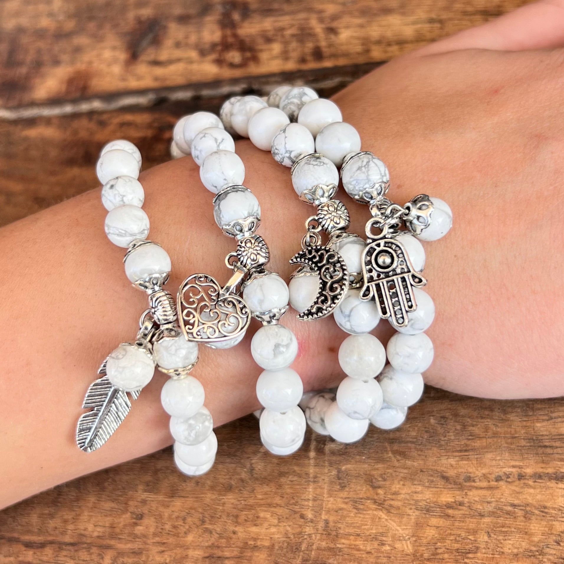 White Howlite Calming Bracelet with Feather Charm