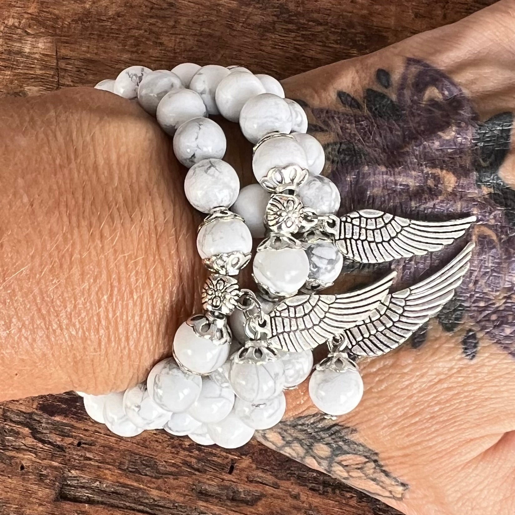 White Howlite Calming Bracelet with Angel Wing Charm