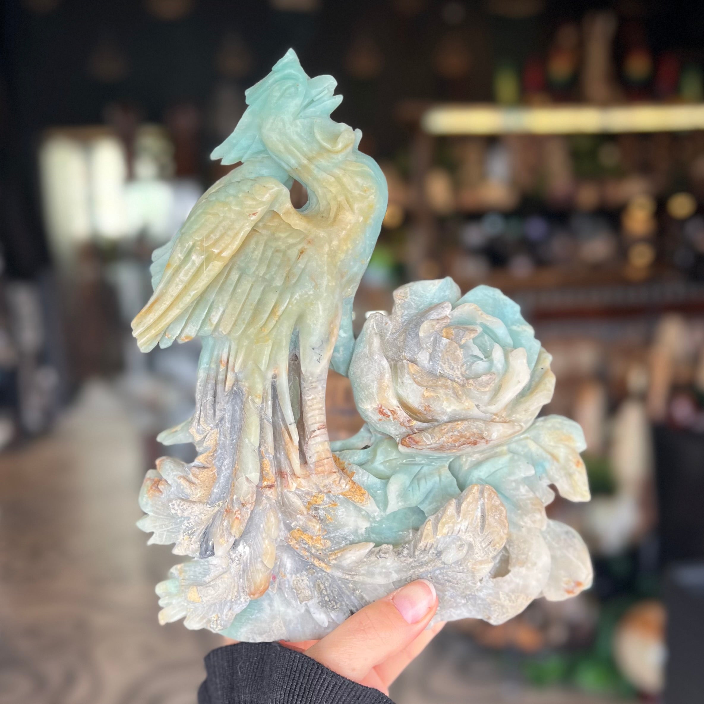 Amazonite Phoenix & Rose Carving