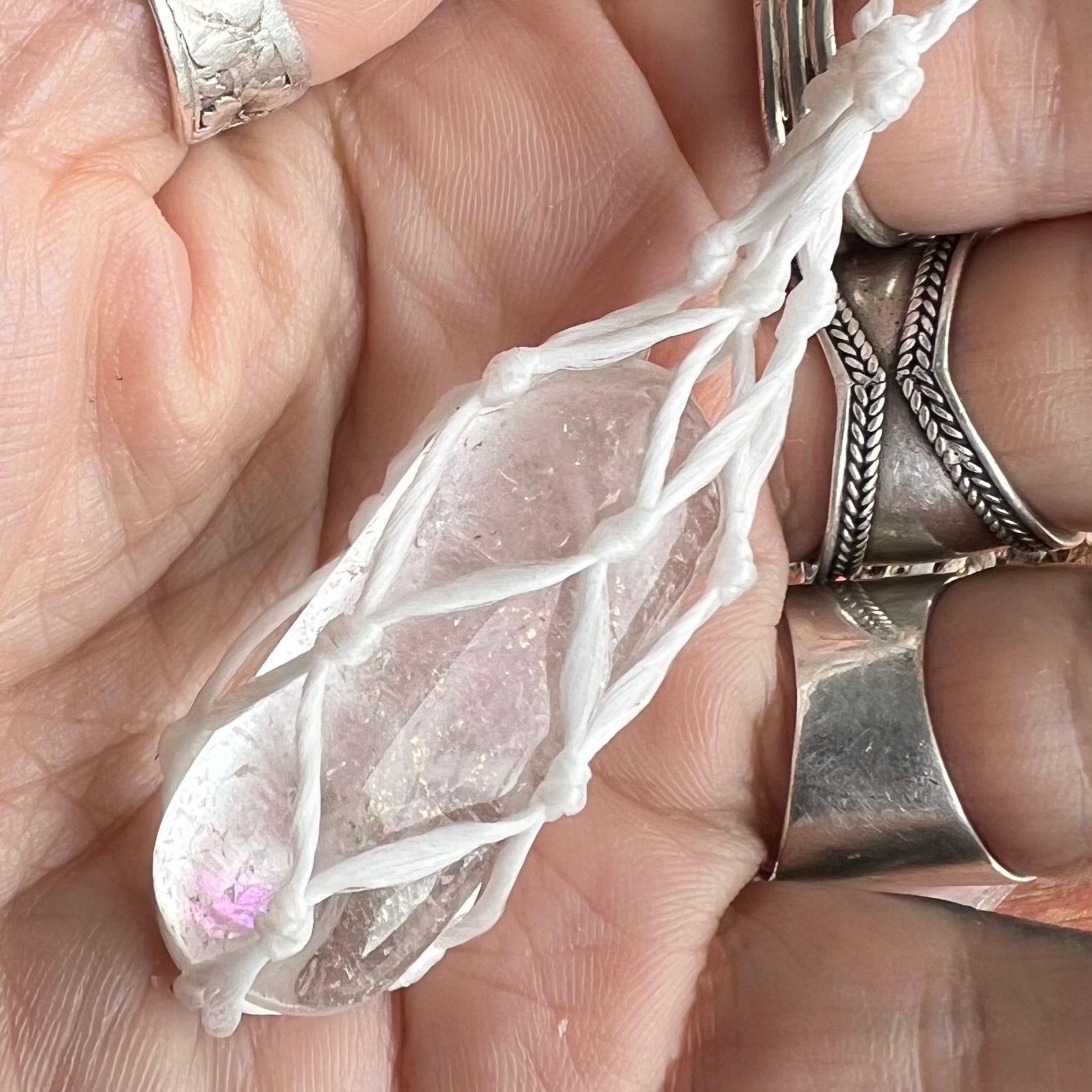 Waxed Cord Macrame Crystal Cage Necklace ~ White