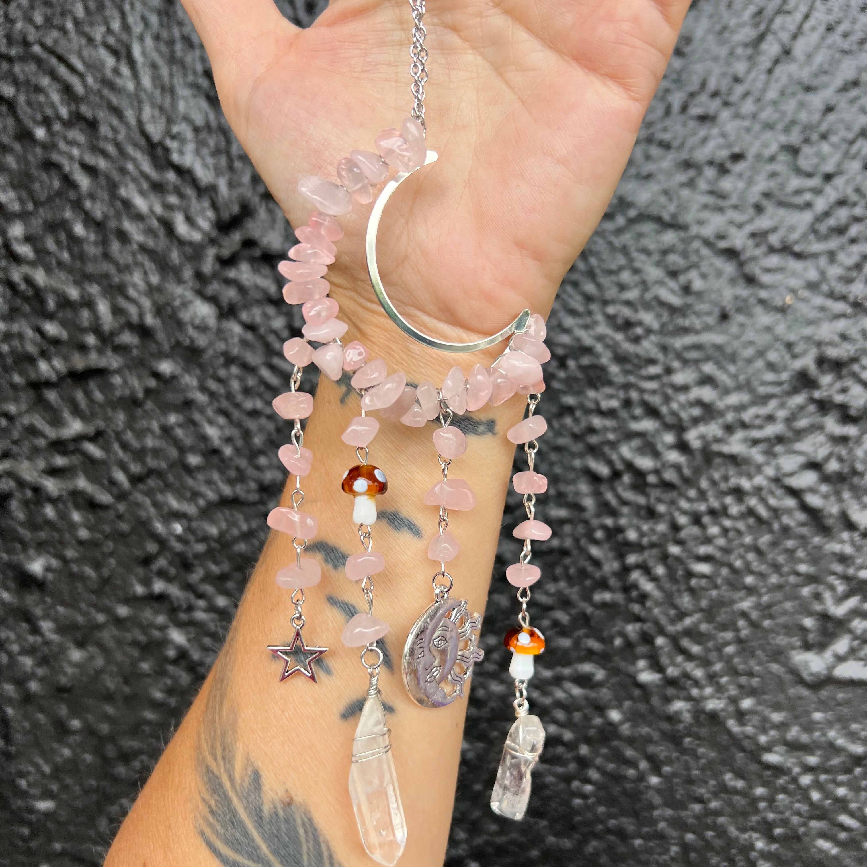 Moon & Mushroom Crystal Hanger ~ Rose Quartz