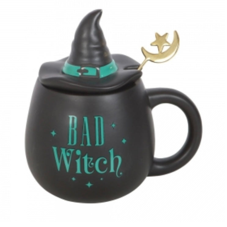Green Bad Witch ~  Ceramic Mug with Metal Moon Spoon